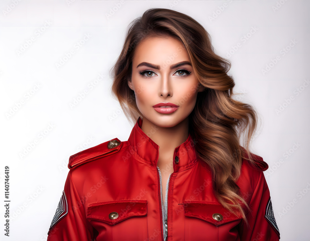 A woman in a red jacket with a military style collar A woman in a red jacket with a military style collar