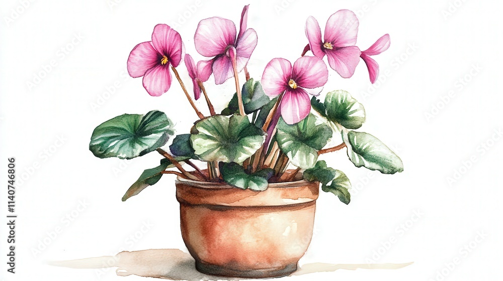 Naklejka premium Beautiful pink flowers in a terracotta pot with vibrant green leaves showcase a lovely indoor plant arrangement