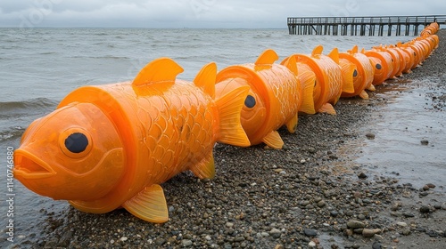 Orange fish sculptures line a beach. photo