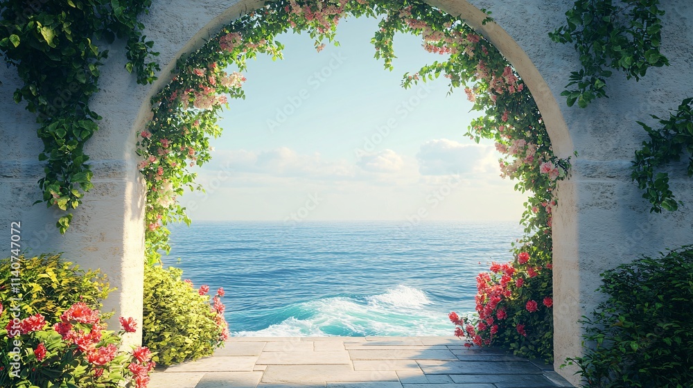 Fototapeta premium A beautiful archway adorned with flowers, overlooking the serene ocean on a sunny day.