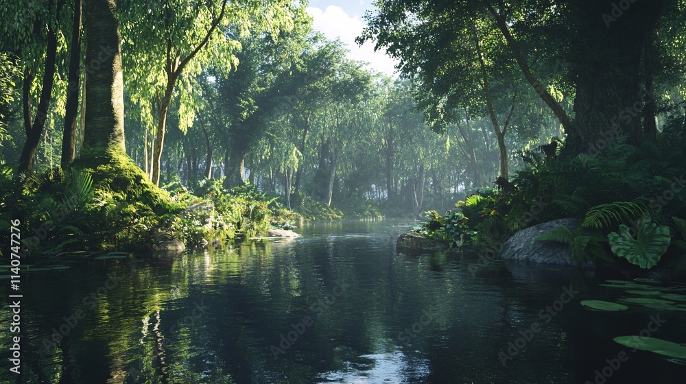 Obraz premium A serene river flowing through a lush forest, with vibrant greenery reflecting in the calm water.
