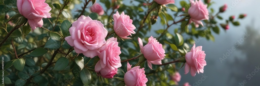 Beautifully crafted pink rose buds on a tall bush rose, swaying gently in the breeze, flower arrangement, greenery, summer landscaping Beautifully crafted pink rose buds on a tall bush rose, swaying gently in the breeze, flower arrangement, greenery, summer landscaping