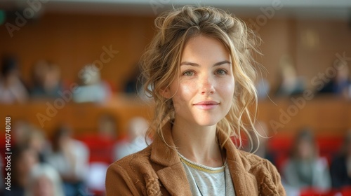 Wallpaper Mural Young woman with casual style engages in a lively discussion at a creative workshop held in an academic auditorium Torontodigital.ca