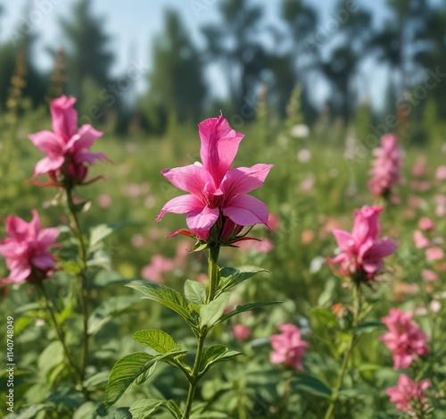 Blooming Chelone obliqua Rose turtlehead in meadow, garden wildflowers, daisies photo