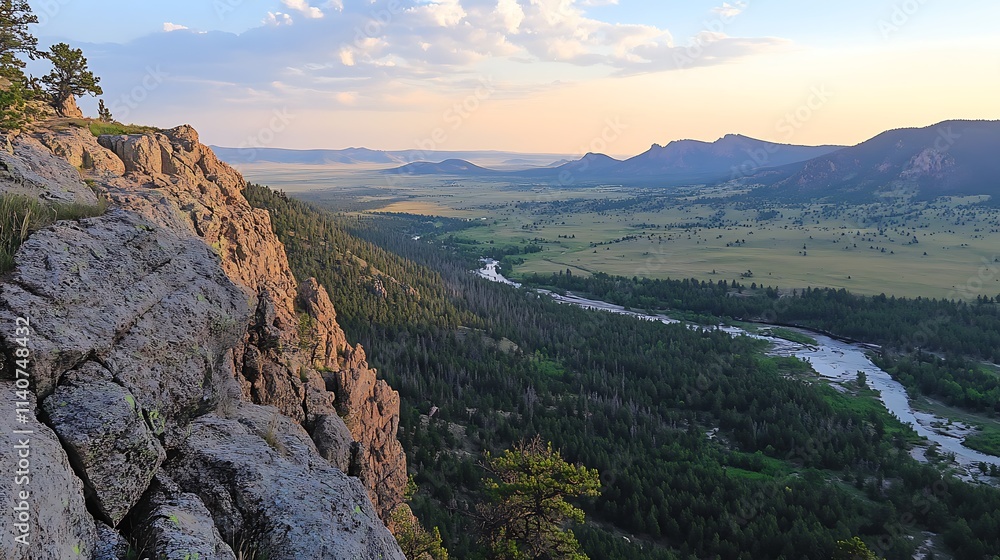 Obraz premium Scenic sunset view from a rocky cliff overlooking a vast valley, river, and distant mountains.