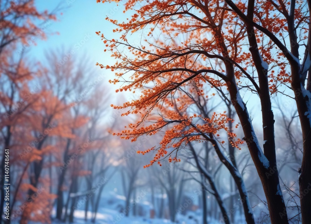 Bokeh blurred winter trees against a bright blue sky, blue sky, frosty foliage, blurred background Bokeh blurred winter trees against a bright blue sky, blue sky, frosty foliage, blurred background