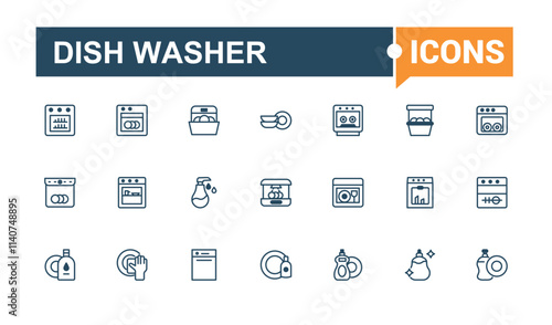Dish Washer icon set. It contains symbols to dish, bath, metal, dirty, plate and more. Web icons. Solid line editable vector illustration.