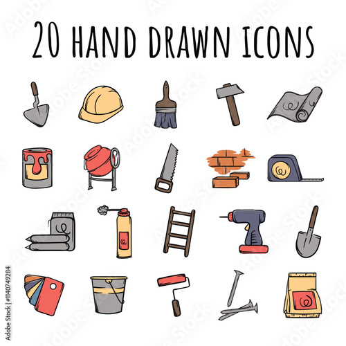 Bright set of icons of construction, repair, tools and materials. Vector signs and symbols for design, banner, website, decoration