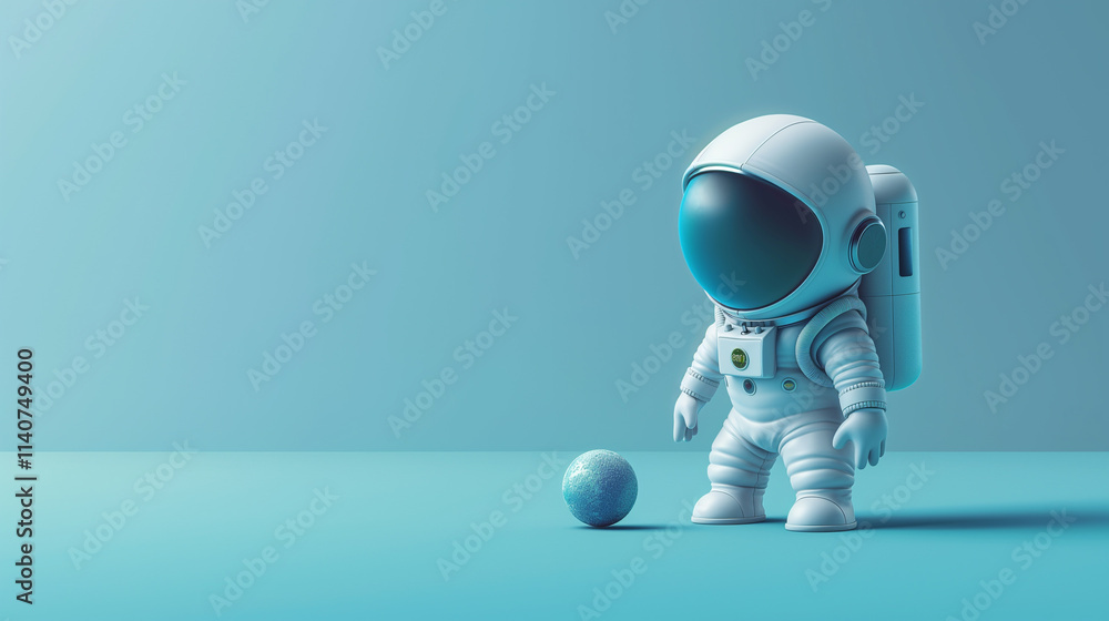Cute Cartoon Astronaut Character with a Planet Beside on a Plain Blue Background with Copyspace Cute Cartoon Astronaut Character with a Planet Beside on a Plain Blue Background with Copyspace