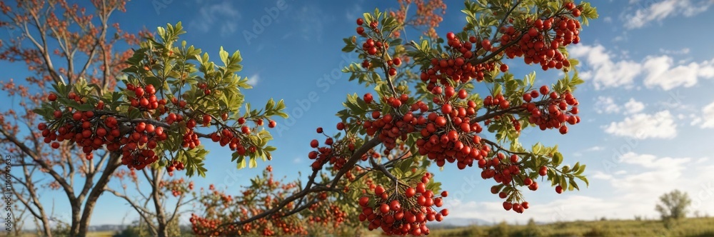 Bunch of hawthorn with red berries in a field against a blue sky, botanical, flowering plants, thorny shrubs Bunch of hawthorn with red berries in a field against a blue sky, botanical, flowering plants, thorny shrubs
