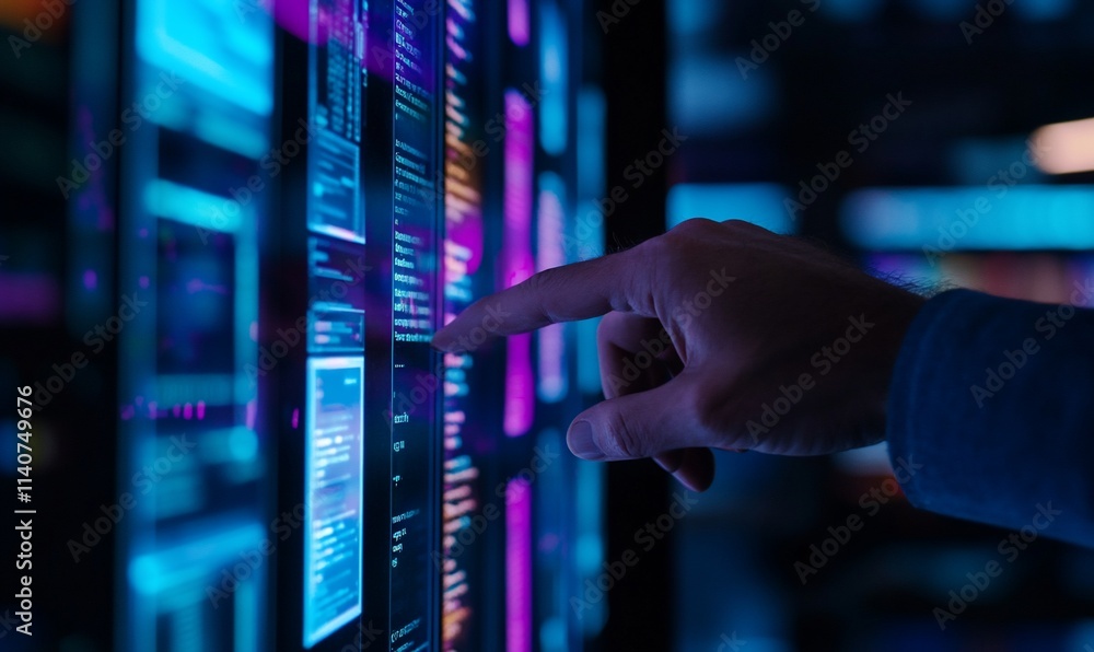 Close-up of hand interacting with a futuristic digital interface displaying lines of code and data. Close-up of hand interacting with a futuristic digital interface displaying lines of code and data.