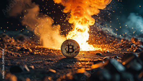 Crypto currency market, gold bitcoin in front of a cinematic explosion, crypto boom, digital investment, finance, crypto, bitcoin hype, market boom, high bitcoin price, all time high, market peak