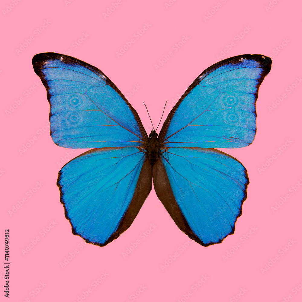 Obraz premium Blue Morpho with spread wings on a pink background in a square image