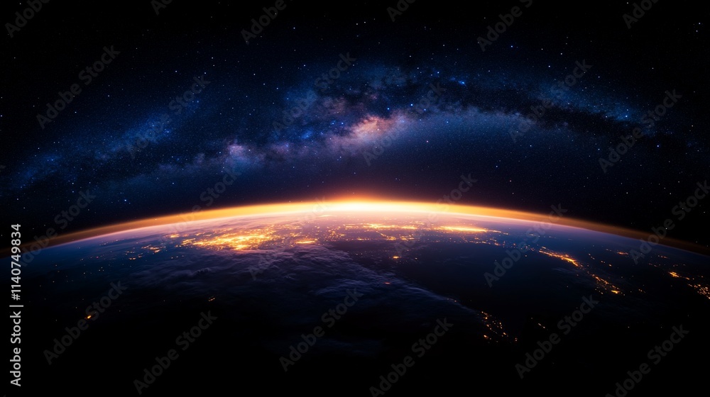 Earthrise over dark planet with Milky Way galaxy. Earthrise over dark planet with Milky Way galaxy.