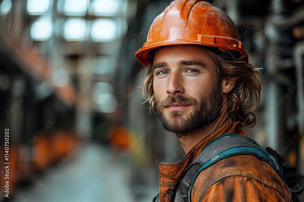 Confident construction worker holding a hard hat, standing in a clean and modern industrial setting. Confident construction worker holding a hard hat, standing in a clean and modern industrial setting.