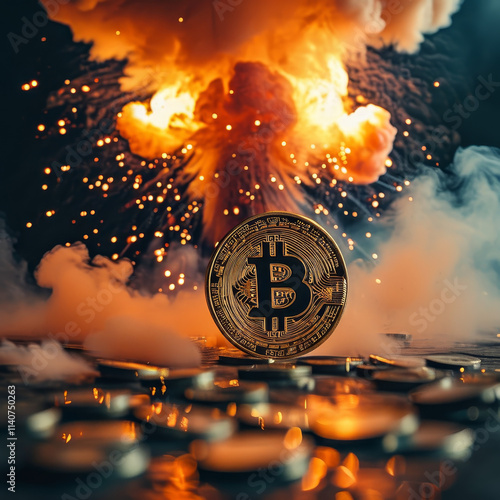 Crypto currency market, gold bitcoin in front of a cinematic explosion, crypto boom, digital investment, finance, crypto, bitcoin hype, market boom, high bitcoin price, all time high, market peak