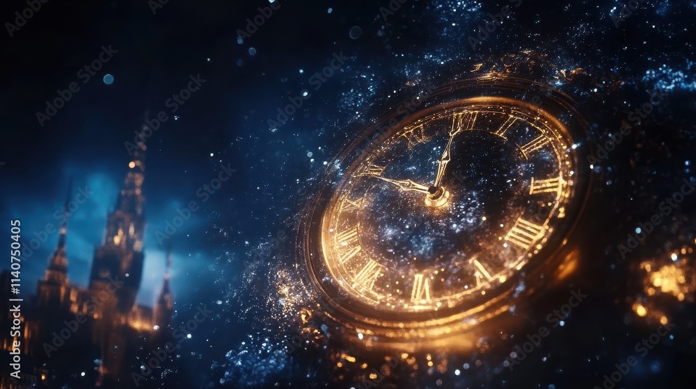 happy new year 2024 countdown clock on abstract glittering midnight sky with copy space, festive party invitation card concept for new years eve happy new year 2024 countdown clock on abstract glittering midnight sky with copy space, festive party invitation card concept for new years eve