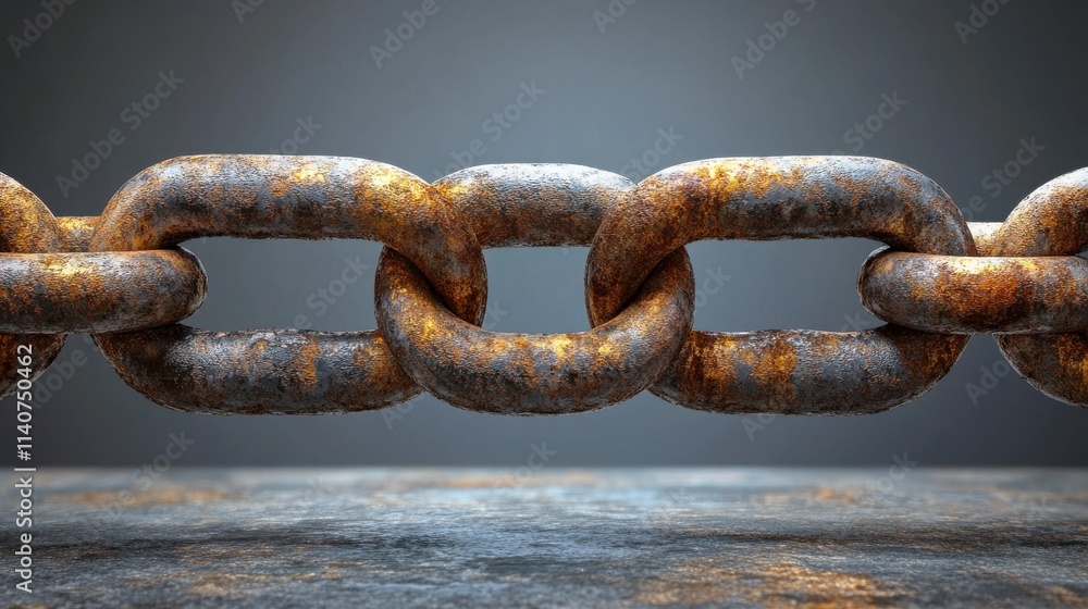 Closeup view of a rusty metal chain, showcasing the intricate details and strength of the industrial design. Closeup view of a rusty metal chain, showcasing the intricate details and strength of the industrial design.