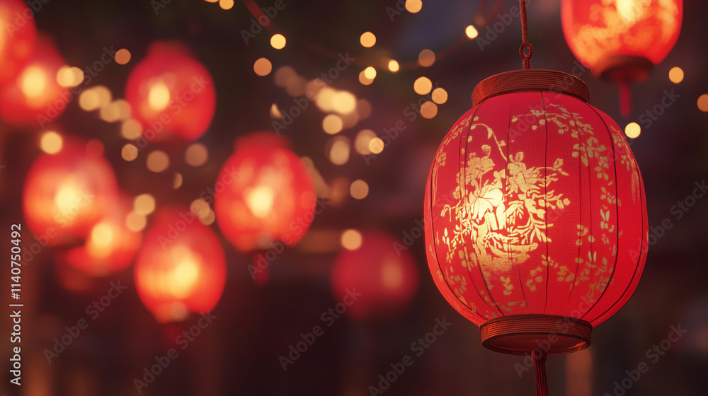 Hanging red lanterns glowing in a festive alley at night Hanging red lanterns glowing in a festive alley at night