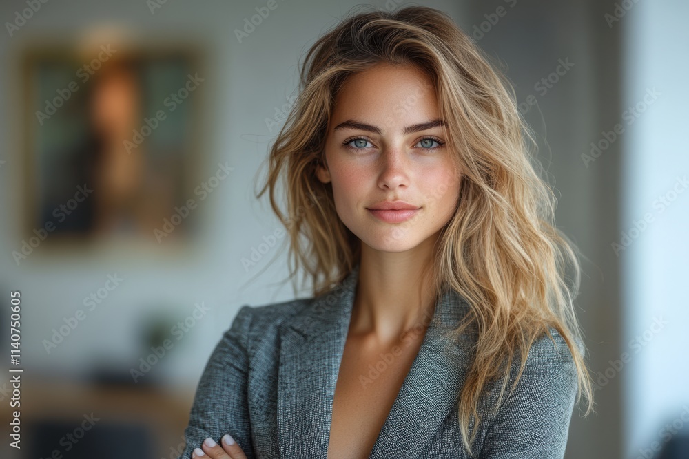 Confident female leader in a classic business suit, standing with arms crossed in a sleek, brightly lit office environment, emphasizing authority and style. Confident female leader in a classic business suit, standing with arms crossed in a sleek, brightly lit office environment, emphasizing authority and style.