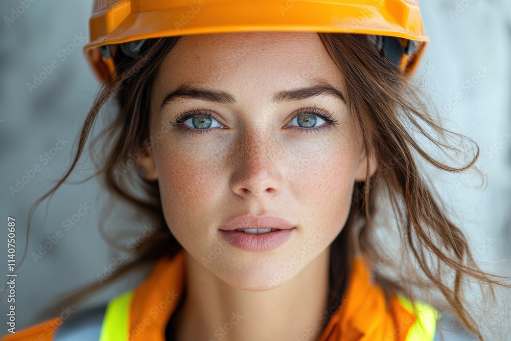 Confident female worker in reflective vest and helmet, captured in a clean and minimalist branding style. Confident female worker in reflective vest and helmet, captured in a clean and minimalist branding style.