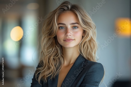 Confident female leader in a classic business suit, standing with arms crossed in a sleek, brightly lit office environment, emphasizing authority and style.