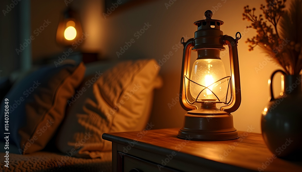 Warm lantern light illuminates a cozy bedroom, casting a gentle glow on pillows and bedside table.  Peaceful night ambiance.
