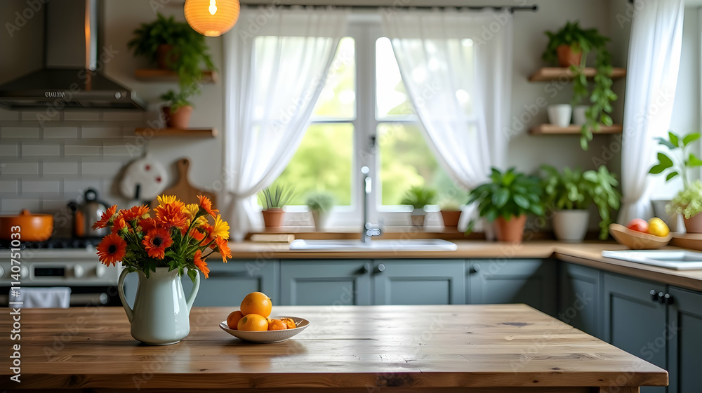 Sunlit kitchen table scene with vibrant orange flowers in a pitcher, a bowl of oranges, and a rustic wooden surface. A tranquil and inviting space. Sunlit kitchen table scene with vibrant orange flowers in a pitcher, a bowl of oranges, and a rustic wooden surface. A tranquil and inviting space.