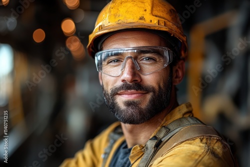 Confident installer smiling, wearing protective attire on a minimalist background, perfect for corporate branding. photo