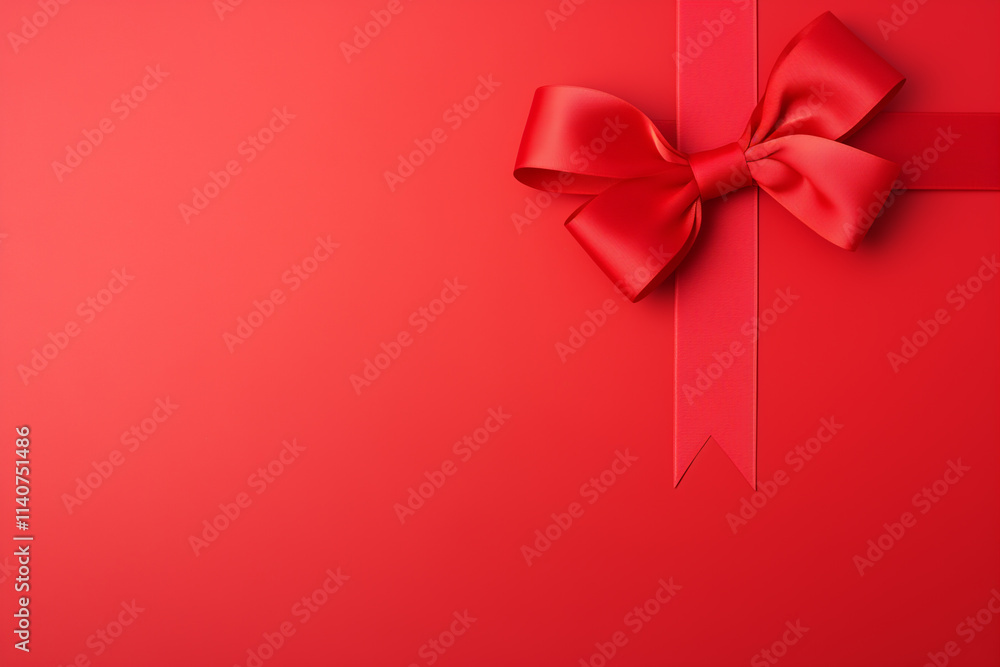 Red gift ribbon bow on a red background with copy space for text, top view. Greeting card or banner decoration concept for Christmas, New Year, Mother's Day, and Valentine's day on a red background Red gift ribbon bow on a red background with copy space for text, top view. Greeting card or banner decoration concept for Christmas, New Year, Mother's Day, and Valentine's day on a red background