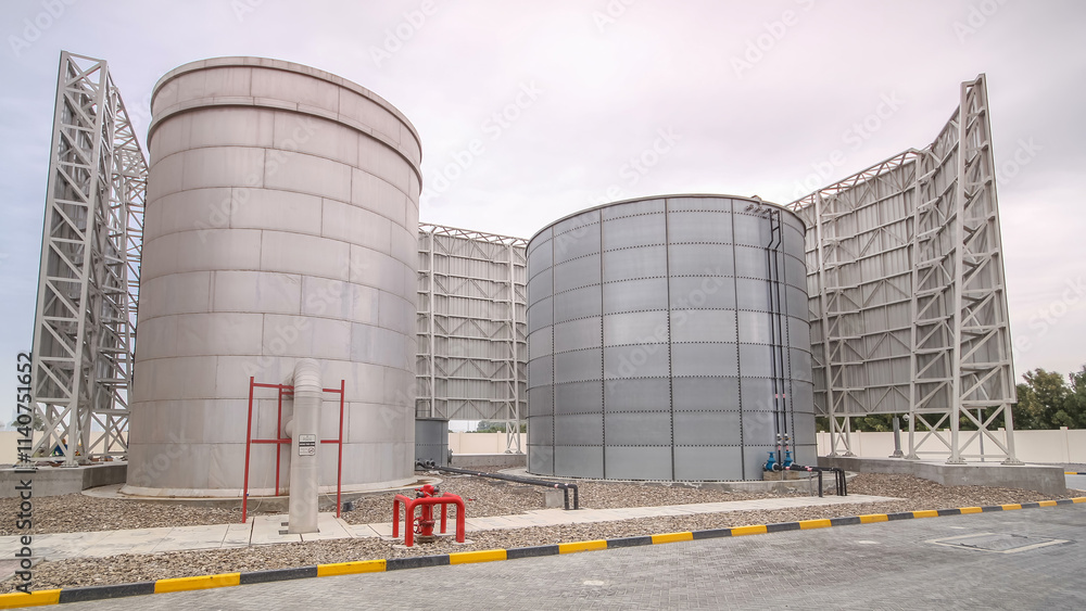Two big silver Water Tanks with fence timelapse Two big silver Water Tanks with fence timelapse