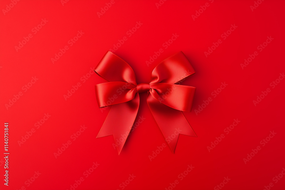 Red gift ribbon bow on a red background with copy space for text, top view. Greeting card or banner decoration concept for Christmas, New Year, Mother's Day, or Valentine's Day celebration Red gift ribbon bow on a red background with copy space for text, top view. Greeting card or banner decoration concept for Christmas, New Year, Mother's Day, or Valentine's Day celebration
