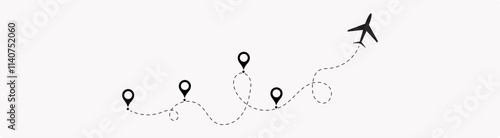 Plane flight path vector set. Airplane flying dotted line 