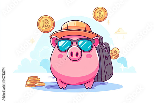 Pink piggy bank wear sunglasses and hat with travel bag and floating cryptocurrency bitcoin. Simple trendy cute cartoon vector flat style illustration