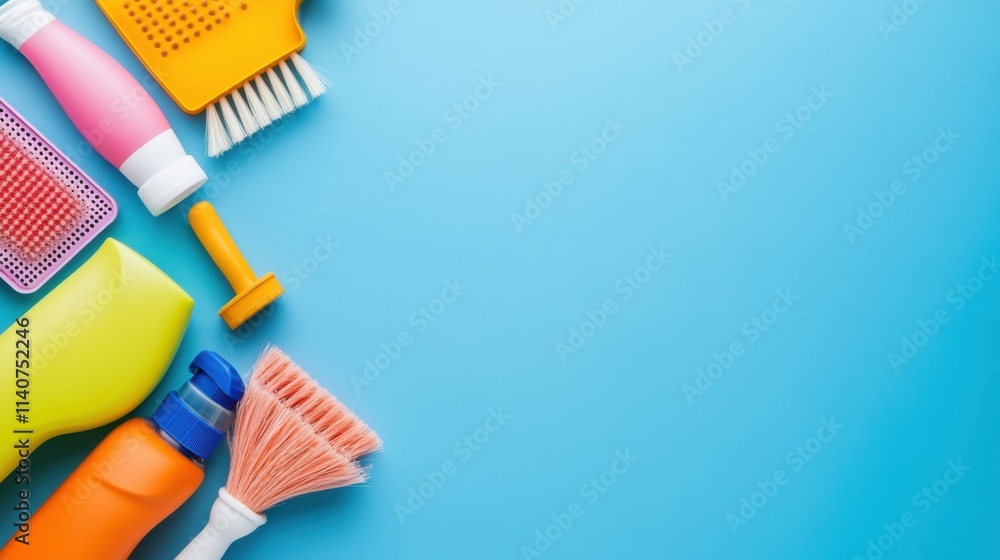 Cleaning Supplies and Household Tools on a Blue Background for Home Maintenance and Organization Cleaning Supplies and Household Tools on a Blue Background for Home Maintenance and Organization