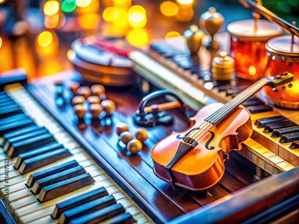 Naklejka premium Tilt-Shift Miniature World: Computer & Musical Instruments - High-Resolution Photo