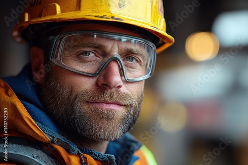 Construction worker in safety gear, , ready for work and branding. photo