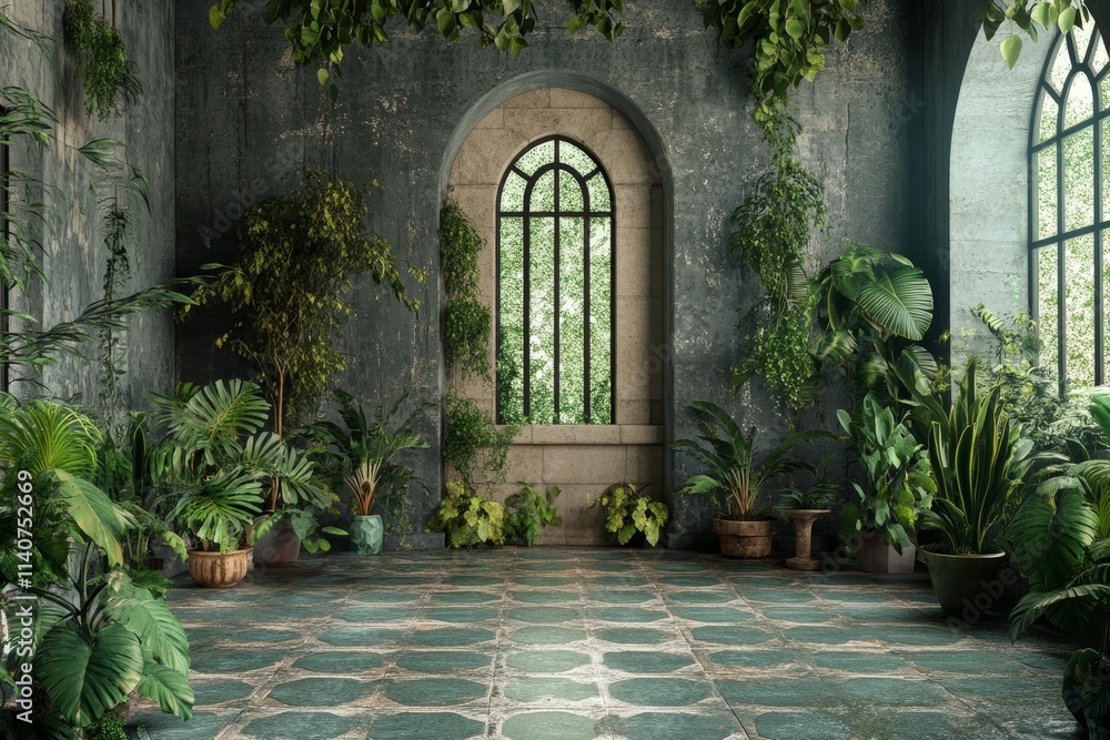 Fototapeta premium Lush Greenery in a Gothic Revival Conservatory. 3D Renderer Digital Backdrop.