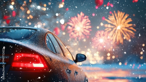 Happy New Year sign on car with snow and. Fireworks in background, celebrating new year. 2025, 2026, 2027.