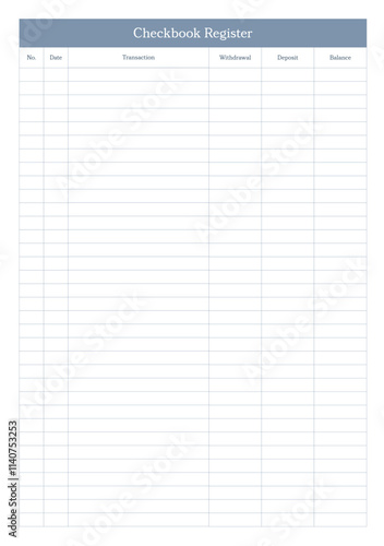 Simple, clean, and basic checkbook register layout designed for tracking financial transactions with clarity and precision. Minimalistic and functional planner. Simplicity and usability for financial.