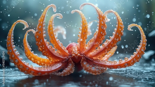 Orange octopus with spread tentacles on dark surface, water droplets. photo