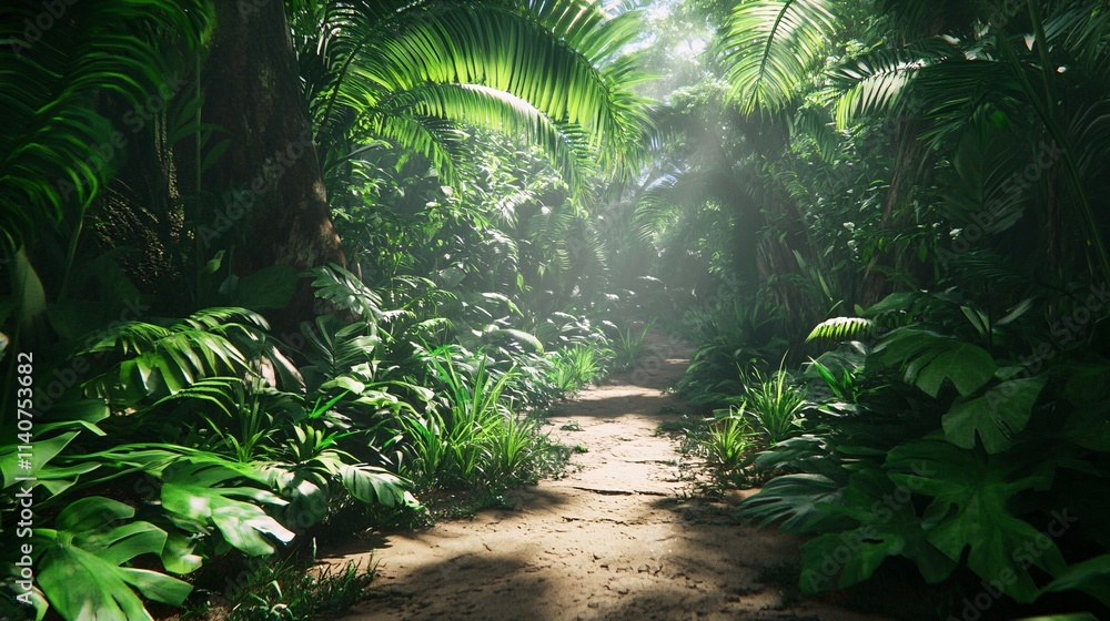 Fototapeta premium A serene jungle pathway surrounded by lush greenery and vibrant foliage.