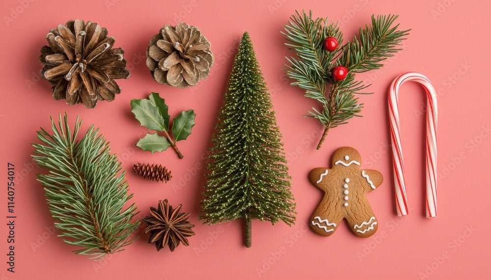 Festive Christmas flat lay with miniature trees, candy canes, gingerbread cookie, and ornaments on pink background holiday concept