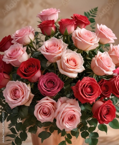 Delicate pink and red roses in a lush bouquet arranged on a luxurious rose gold background, flowers, flowers, wedding decor