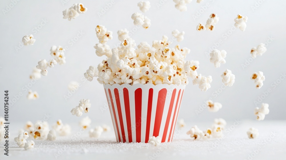 Popcorn Party: A classic red and white striped popcorn bucket overflowing with fluffy, white popcorn. The kernels are flying in the air, creating a sense of excitement and fun. Popcorn Party: A classic red and white striped popcorn bucket overflowing with fluffy, white popcorn. The kernels are flying in the air, creating a sense of excitement and fun.