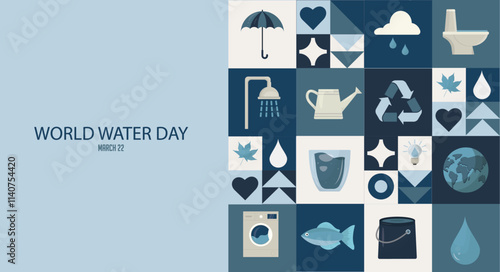 World Water Day March 22 Minimalist Grid Design. Modern promotional design with water conservation icons in grid pattern, featuring navy and light blue color scheme with eco-friendly icons. Save water