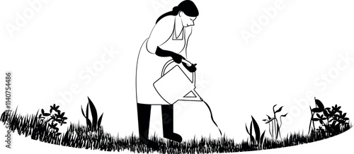 Drawing of an older woman watering plants in the garden with a watering can. Illustration, vector