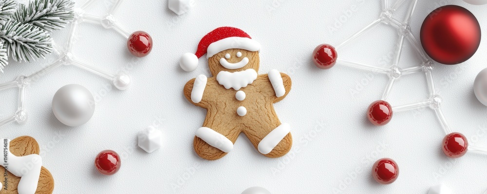 Obraz premium Festive snowy design featuring gingerbread Santa cookies, sweet candy ornaments, and glowing tech-inspired holiday molecule patterns