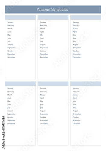 Payment schedule template with a clean, basic, simple and professionally organized layout for tracking monthly payments over a year. For personal or business budgeting to track monthly expenses.