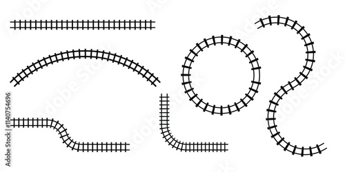 Railway train track vector route. Train track elements. Rail road map. Rail pattern round circular curve railroad path icon.